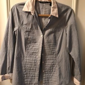 Petite large blue and white striped button down